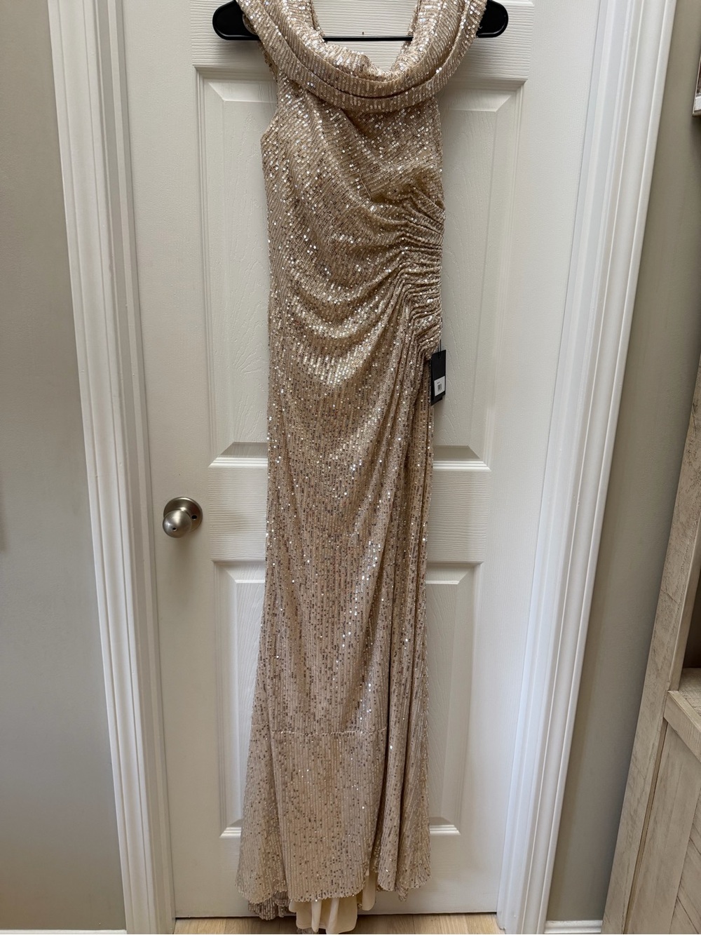 Mac Duggal Sequined Champagne Evening Gown